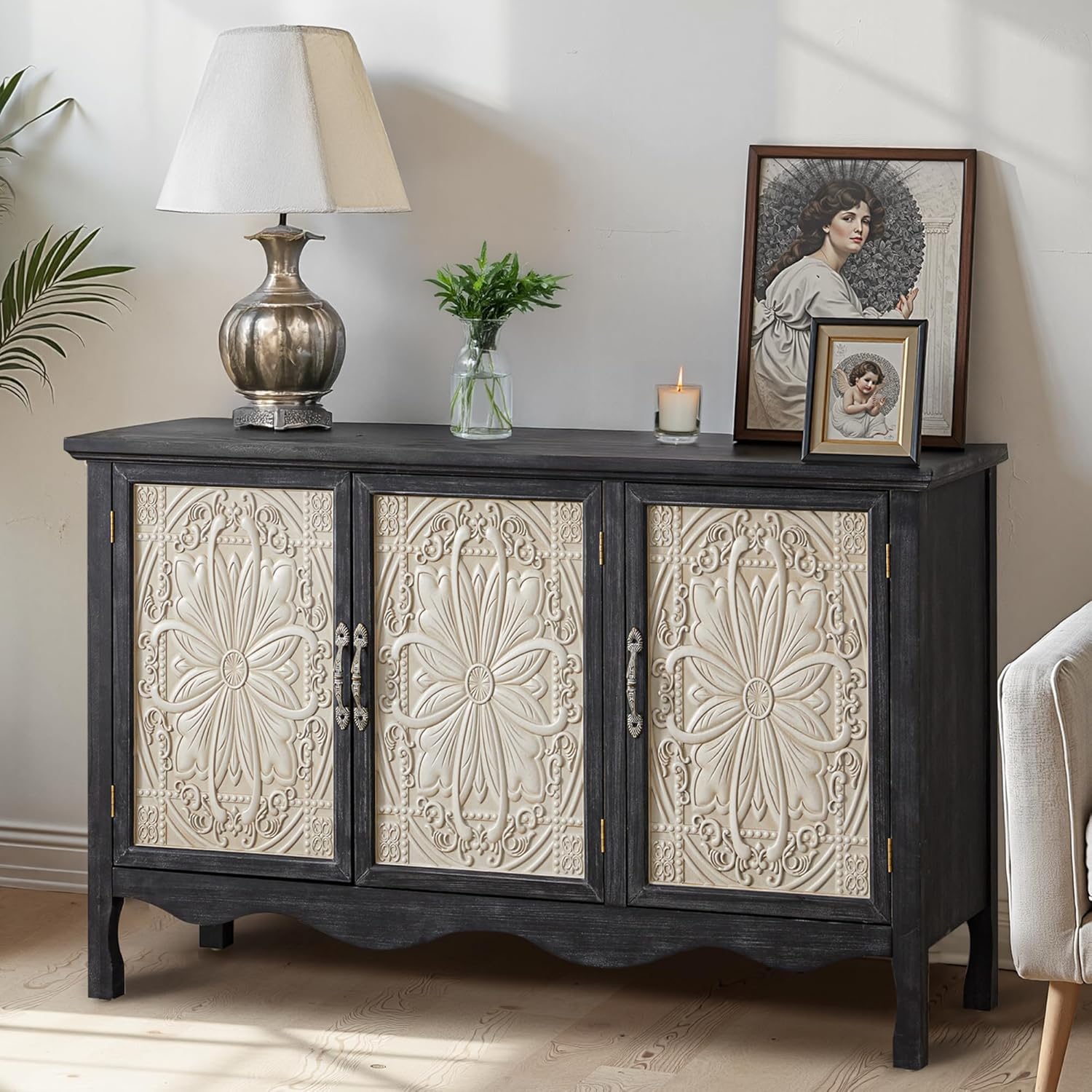 RoyalCraft Farmhouse Buffet Cabinet Solid Wood Sideboard Storage Table, Black - VMInnovations