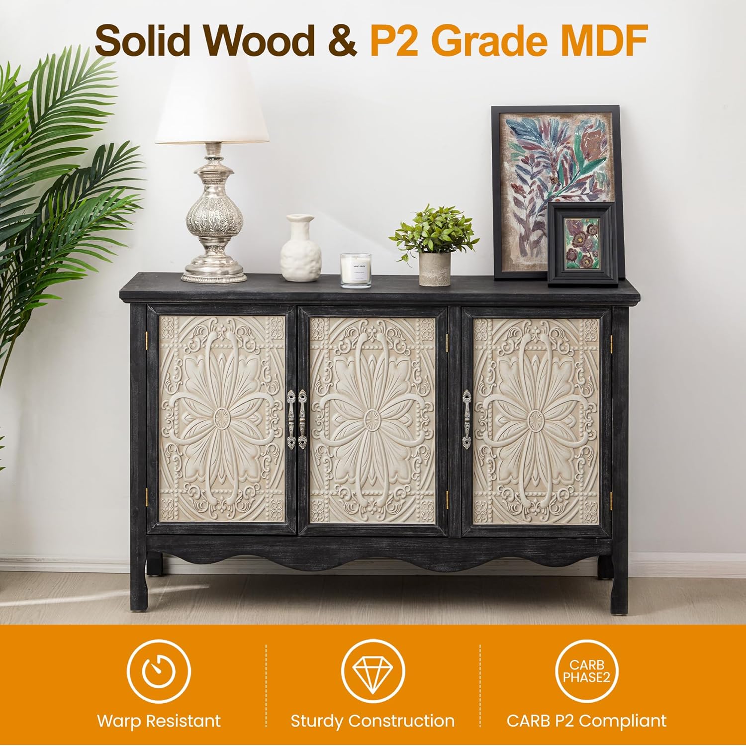RoyalCraft Farmhouse Buffet Cabinet Solid Wood Sideboard Storage Table, Black - VMInnovations