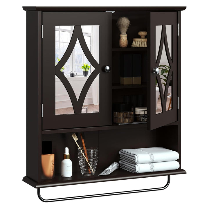 RoyalCraft Wall Wood Medicine Cabinet w/Mirror and Towel Bar, Brown (Open Box)