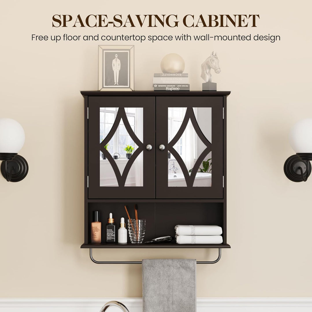 RoyalCraft Bathroom Wall Wood Medicine Cabinet with Mirror and Towel Bar, Brown