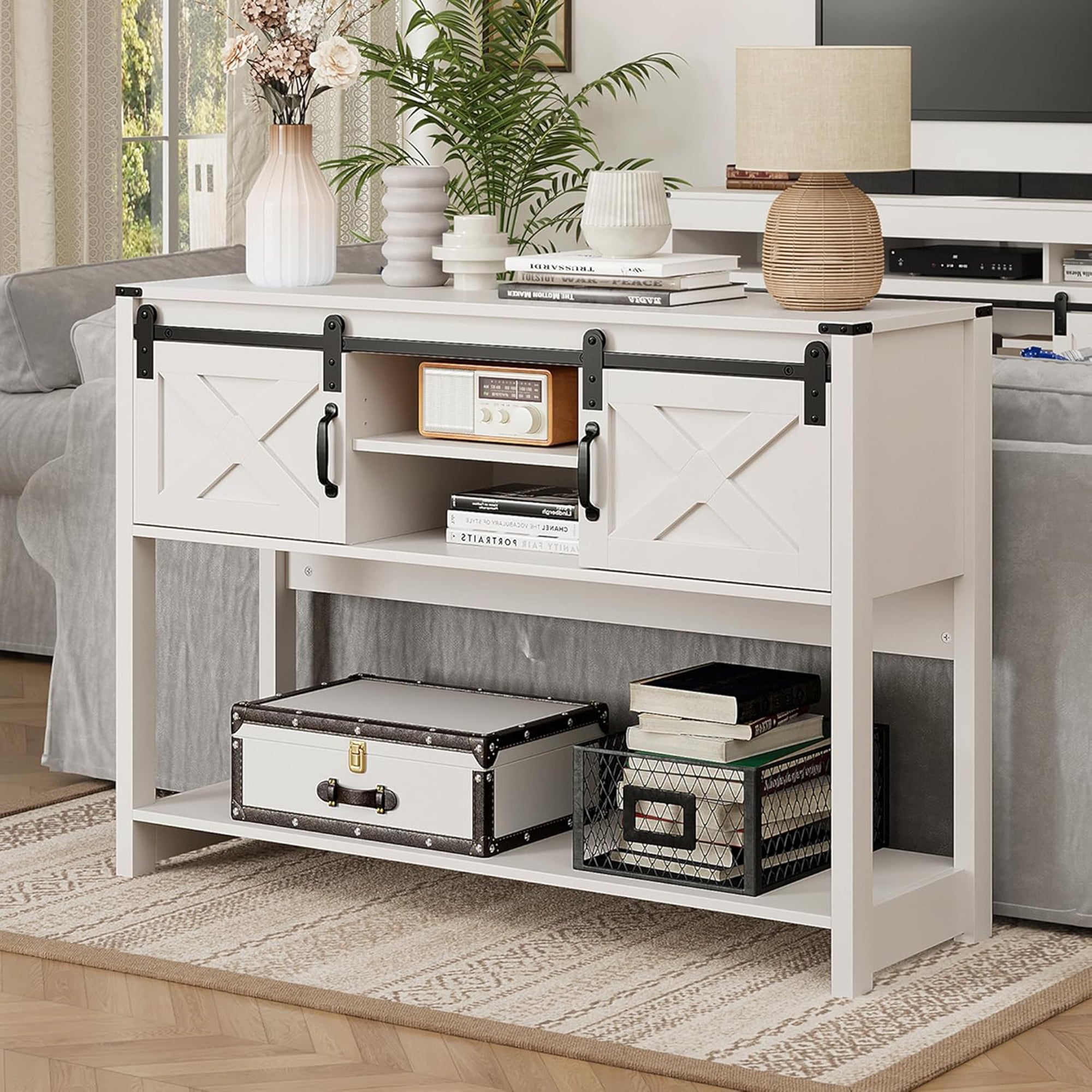 RoyalCraft Farmhouse Entryway Console Wooden Table with Storage Shelves, White - VMInnovations