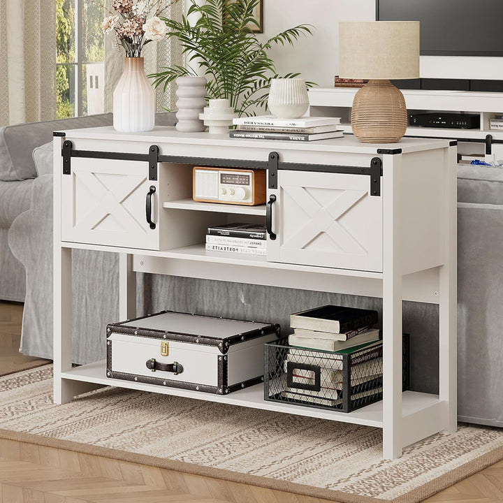 RoyalCraft Farmhouse Entryway Console Wooden Table with Storage Shelves, White