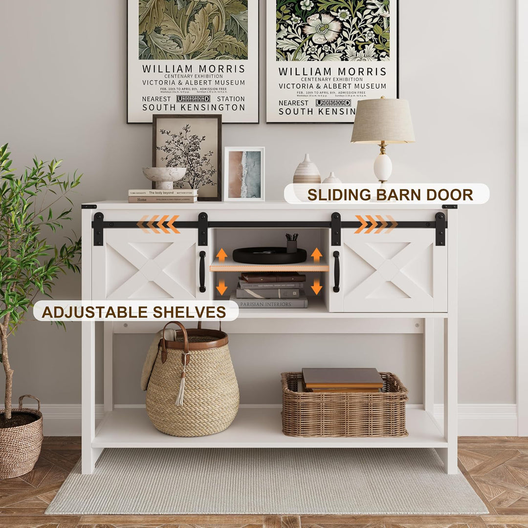 RoyalCraft Farmhouse Entryway Console Wooden Table with Storage Shelves, White
