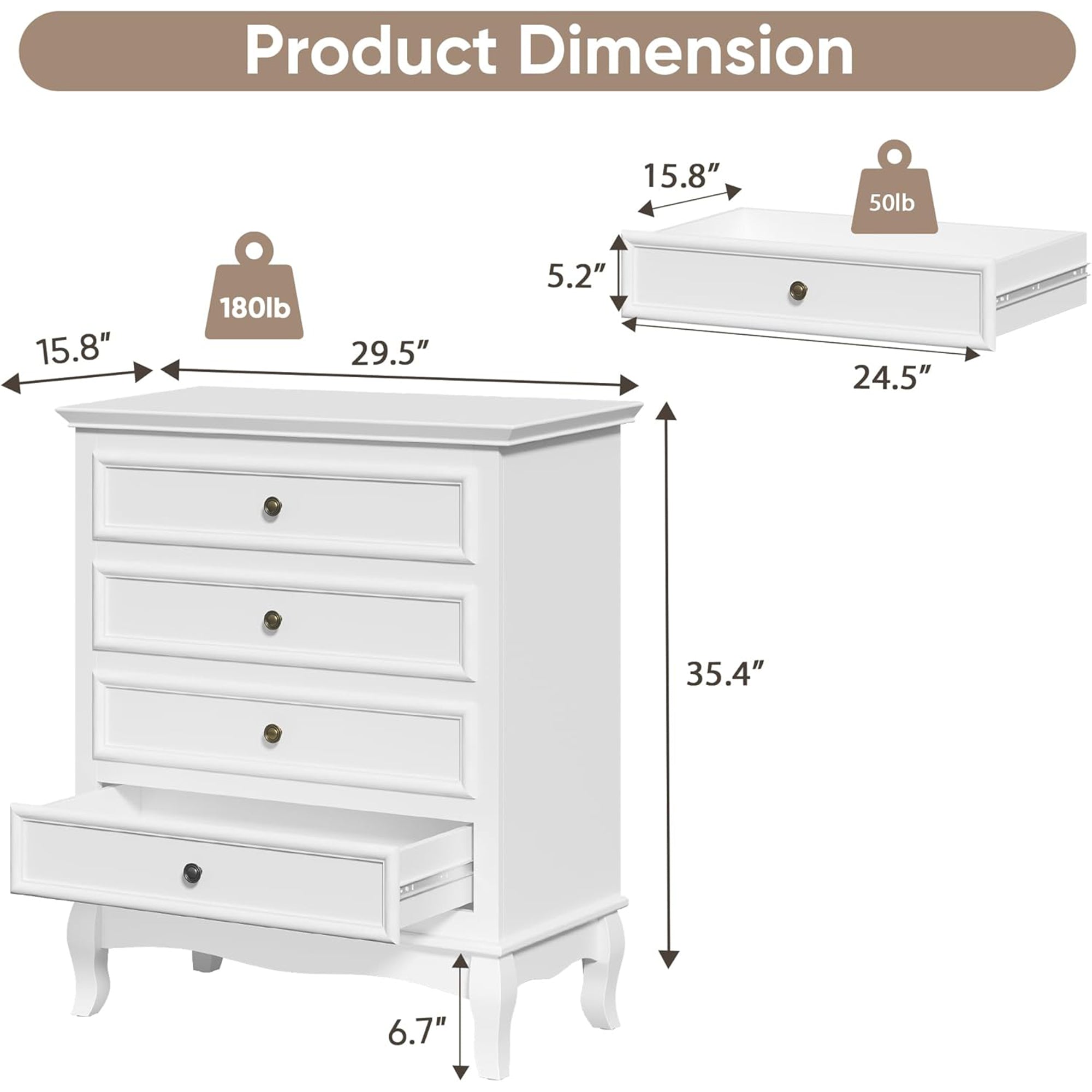 RoyalCraft Wood Dresser Wide Chest Drawers Storage Organizer for Bedroom, White - VMInnovations