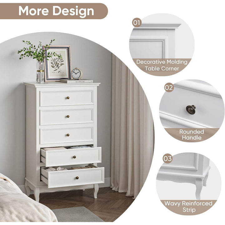 RoyalCraft Tall Dresser Wood Storage Organizer Chest 5 Drawers for Bedroom White