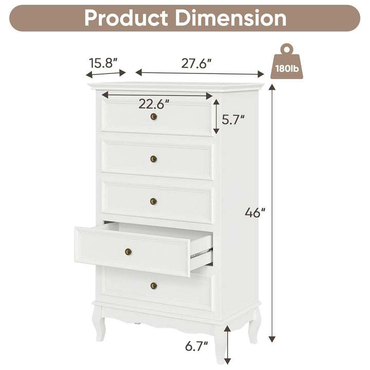 RoyalCraft Tall Dresser Wood Storage Organizer Chest 5 Drawers for Bedroom White