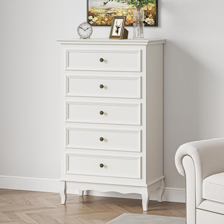 RoyalCraft Tall Dresser Wood Storage Organizer Chest 5 Drawers for Bedroom White