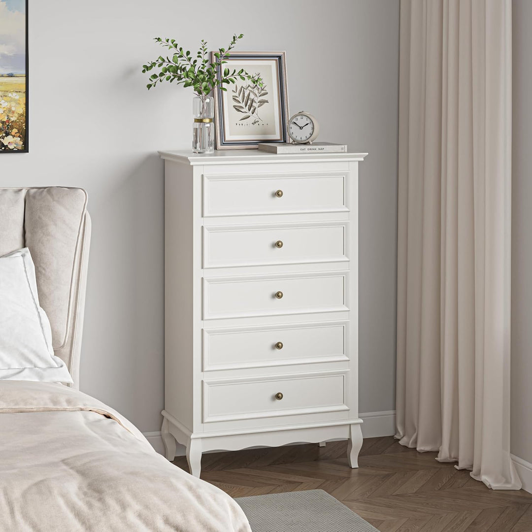RoyalCraft Tall Dresser Wood Storage Organizer Chest 5 Drawers for Bedroom White