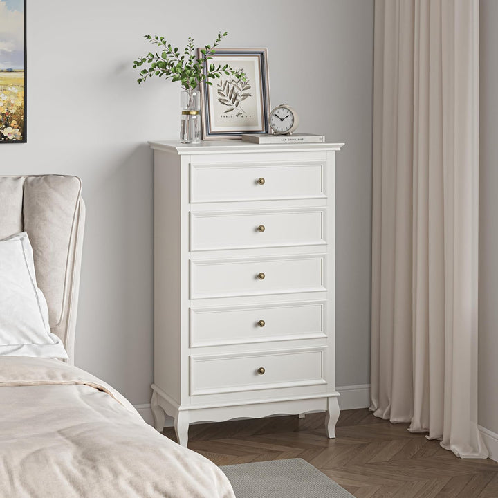 RoyalCraft Tall Dresser Wood Storage Organizer Chest 5 Drawers for Bedroom White