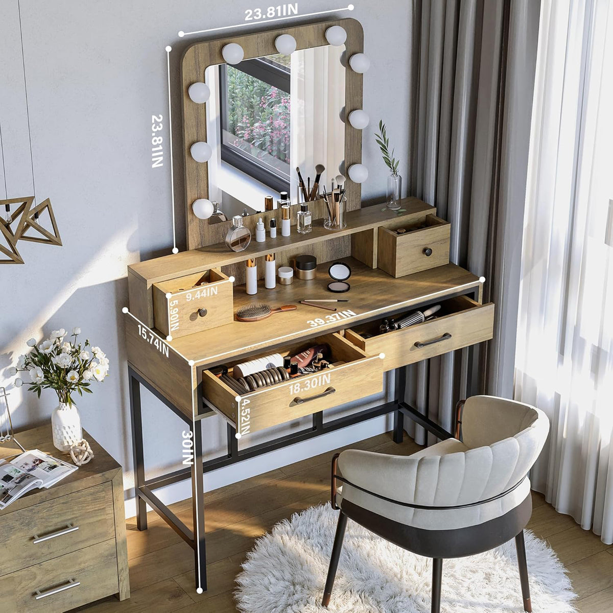 RoyalCraft Vanity Desk for Makeup with Mirror, Dimmable Lights (Open Box) - VMInnovations