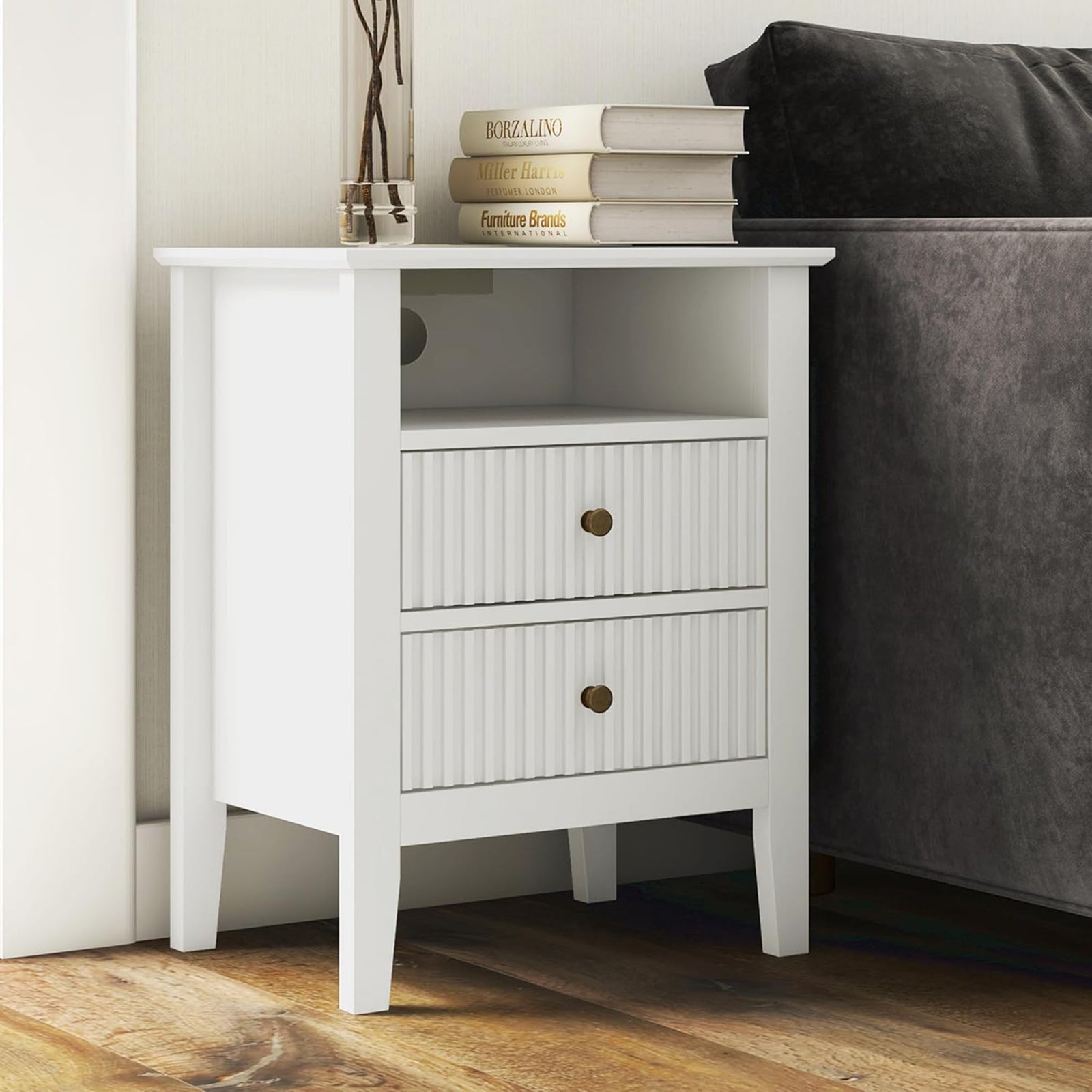RoyalCraft Fluted 2 Drawer Nightstand, Bedroom Table w/ Charging Station, White - VMInnovations