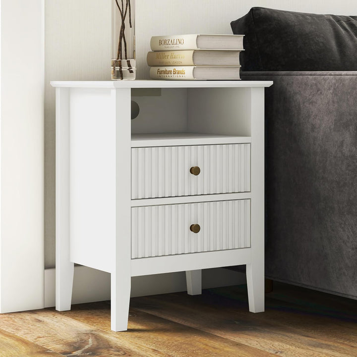 RoyalCraft Fluted 2 Drawer Nightstand, Table w/ Charging Station, White (Used)