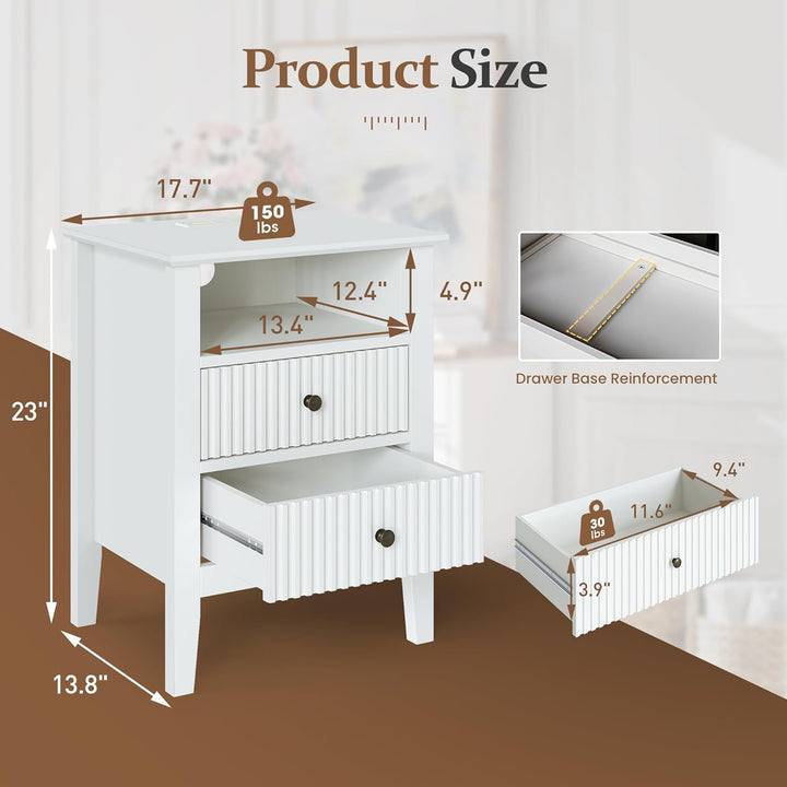 RoyalCraft Fluted 2 Drawer Nightstand, Bedroom Table w/ Charging Station, White