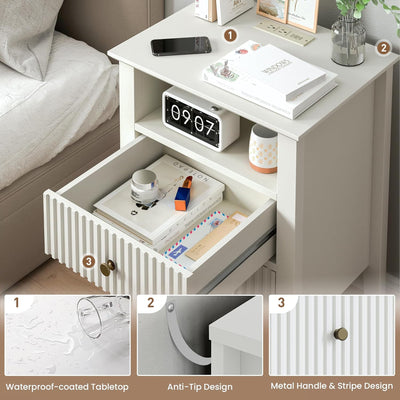 RoyalCraft Fluted 2 Drawer Nightstand, Table w/ Charging Station (Open Box) - VMInnovations