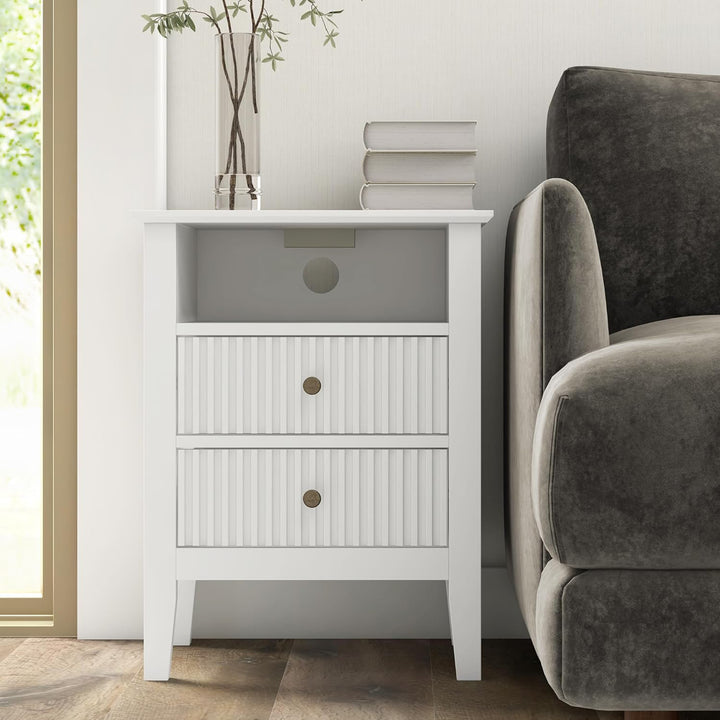 RoyalCraft Fluted 2 Drawer Nightstand, Bedroom Table w/ Charging Station, White