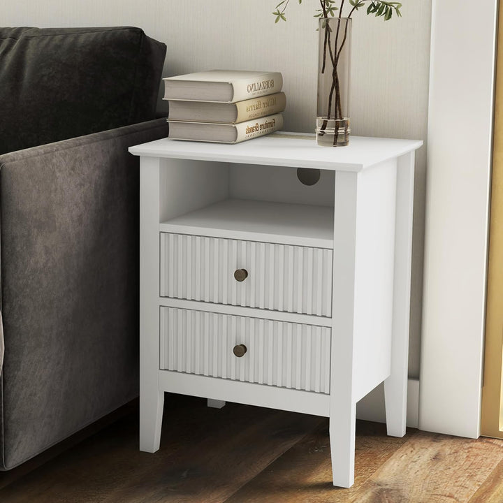 RoyalCraft Fluted 2 Drawer Nightstand, Bedroom Table w/ Charging Station, White