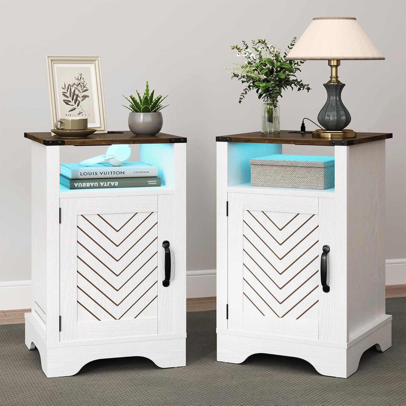RoyalCraft Nightstand w/ LED Lights & Charging Station, Set of 2, Antique White - VMInnovations