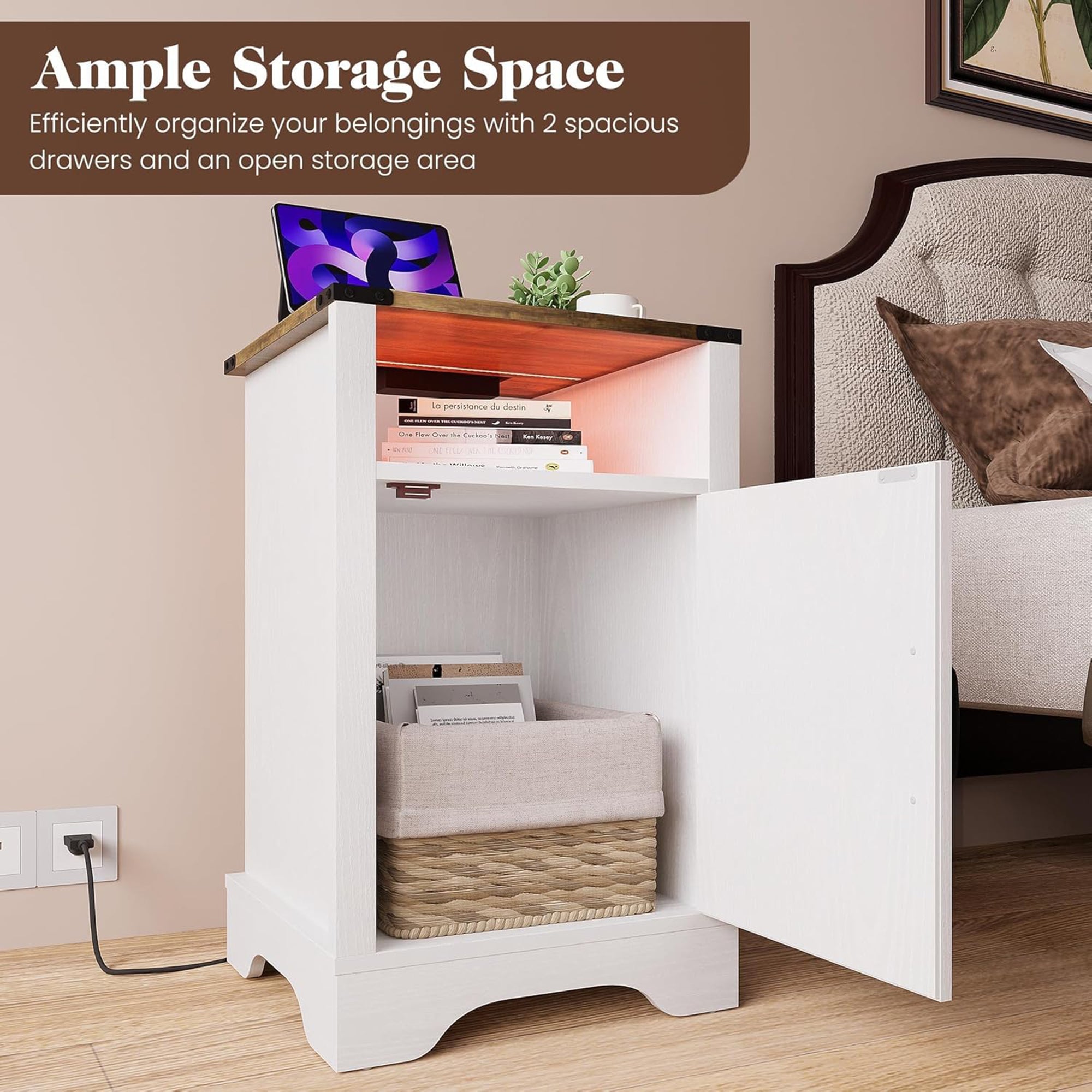 RoyalCraft Nightstand w/ LED Lights & Charging Station, Set of 2, Antique White - VMInnovations