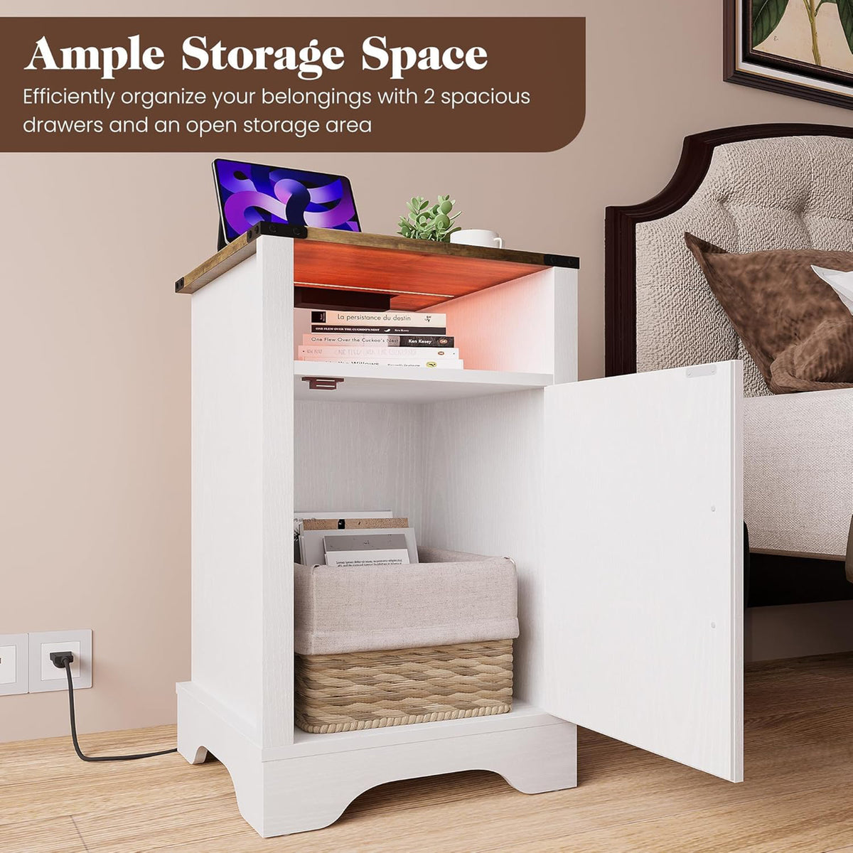 RoyalCraft Nightstand w/ LED Lights & Charging Station, Antique White (Open Box)