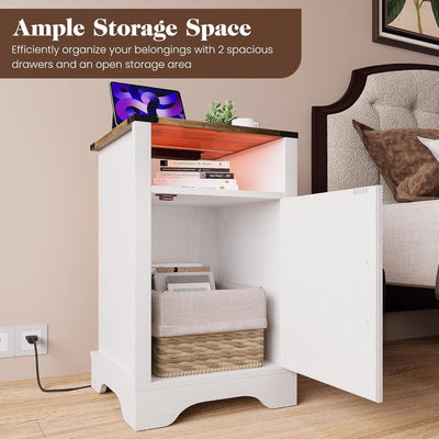 RoyalCraft Nightstand w/ LED Lights & Charging Station, Set of 2, Antique White (Open Box)