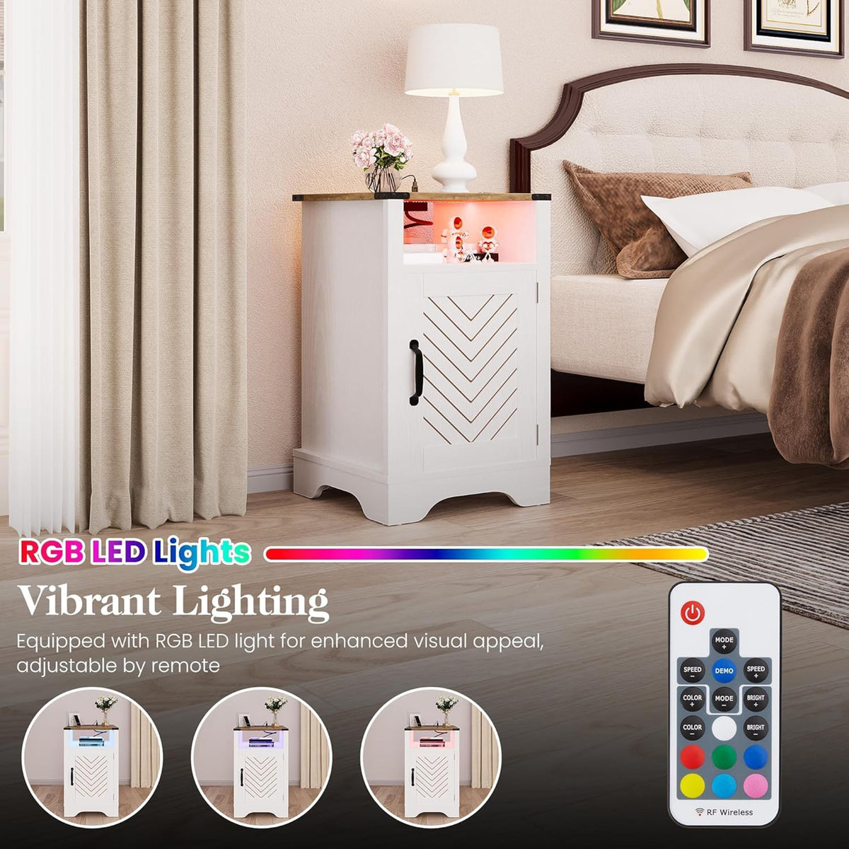 RoyalCraft Nightstand w/ LED Lights & Charging Station, Antique White (Open Box)