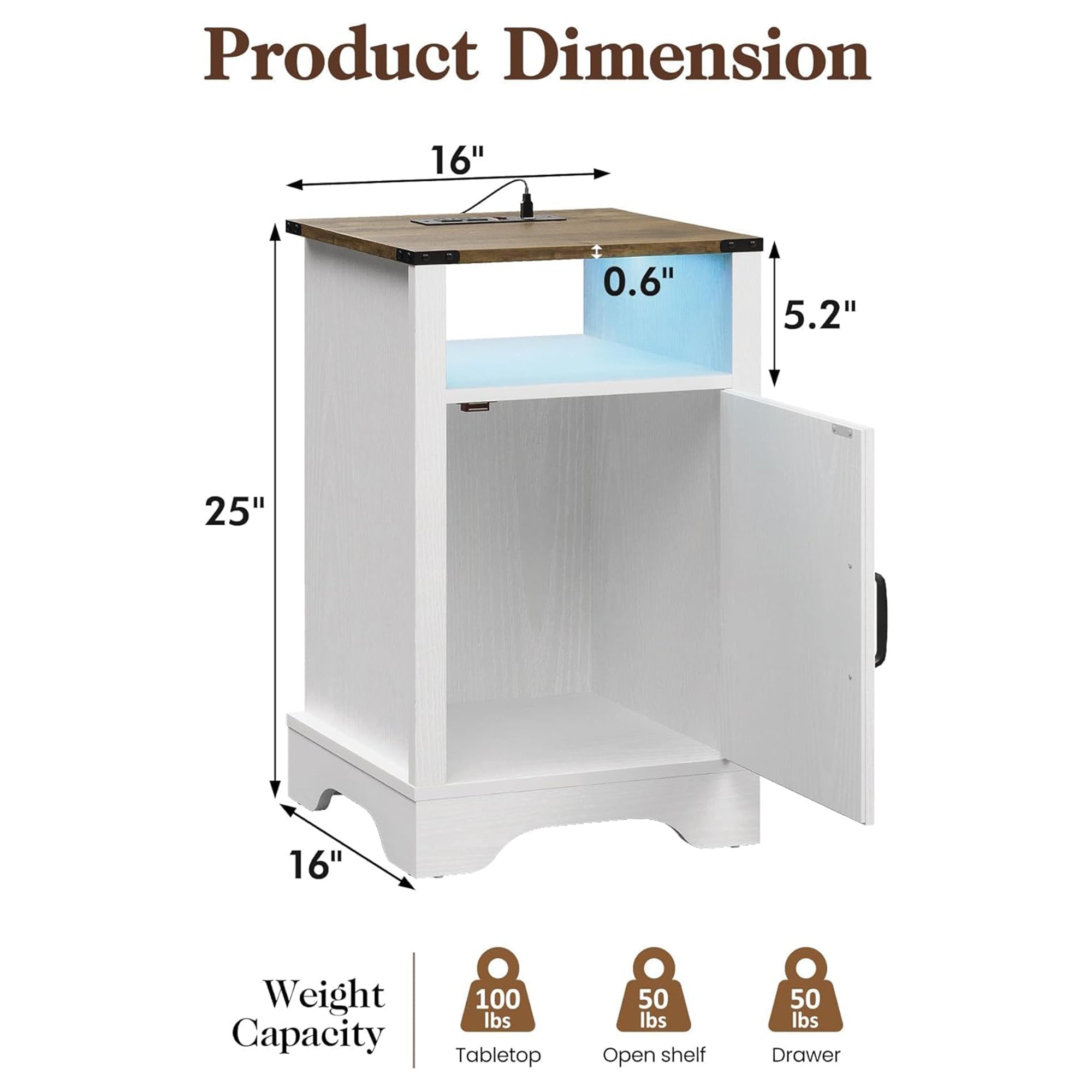 RoyalCraft Nightstand w/ LED Lights & Charging Station, Antique White (Open Box)