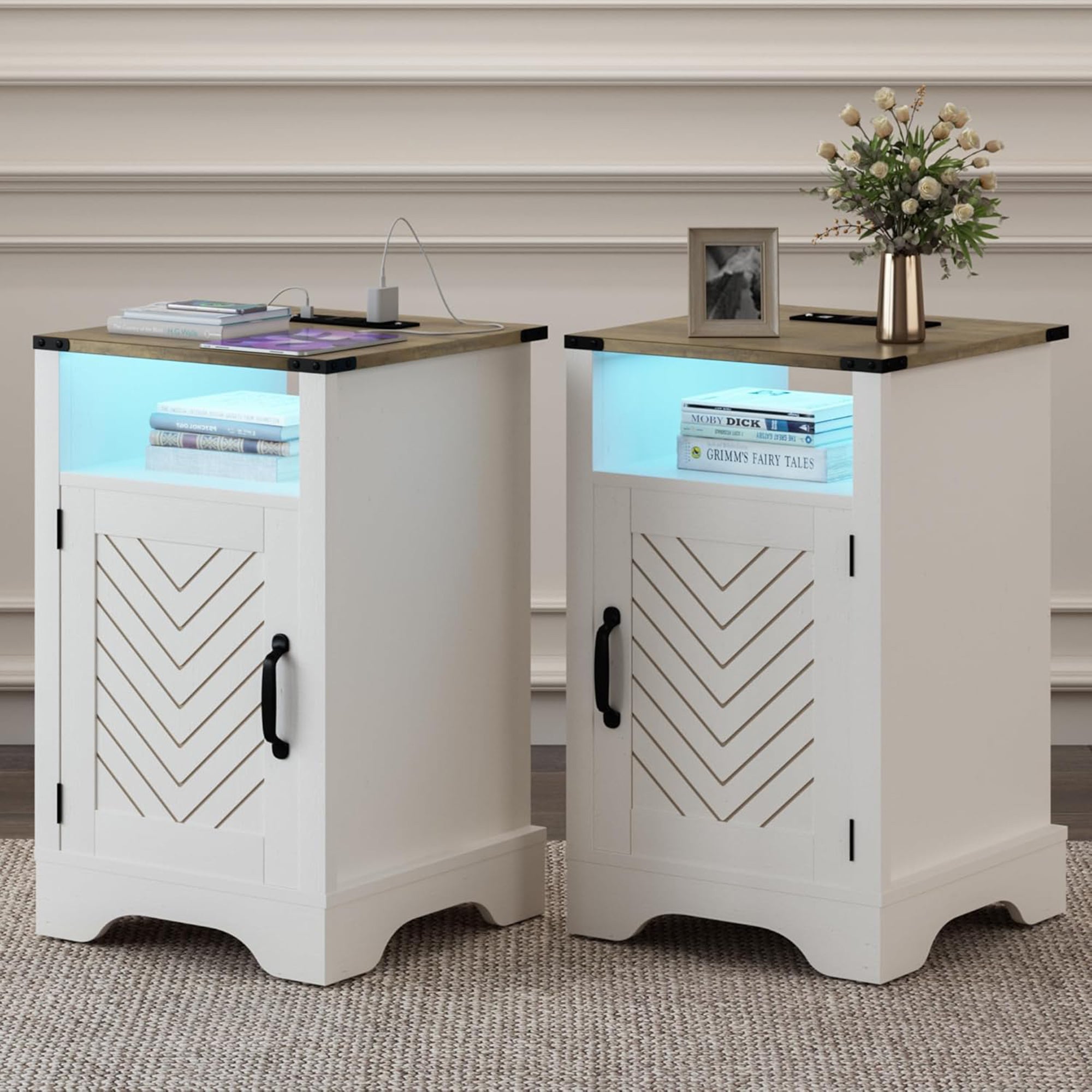 RoyalCraft Nightstand w/ LED Lights & Charging Station, Antique White (Open Box)
