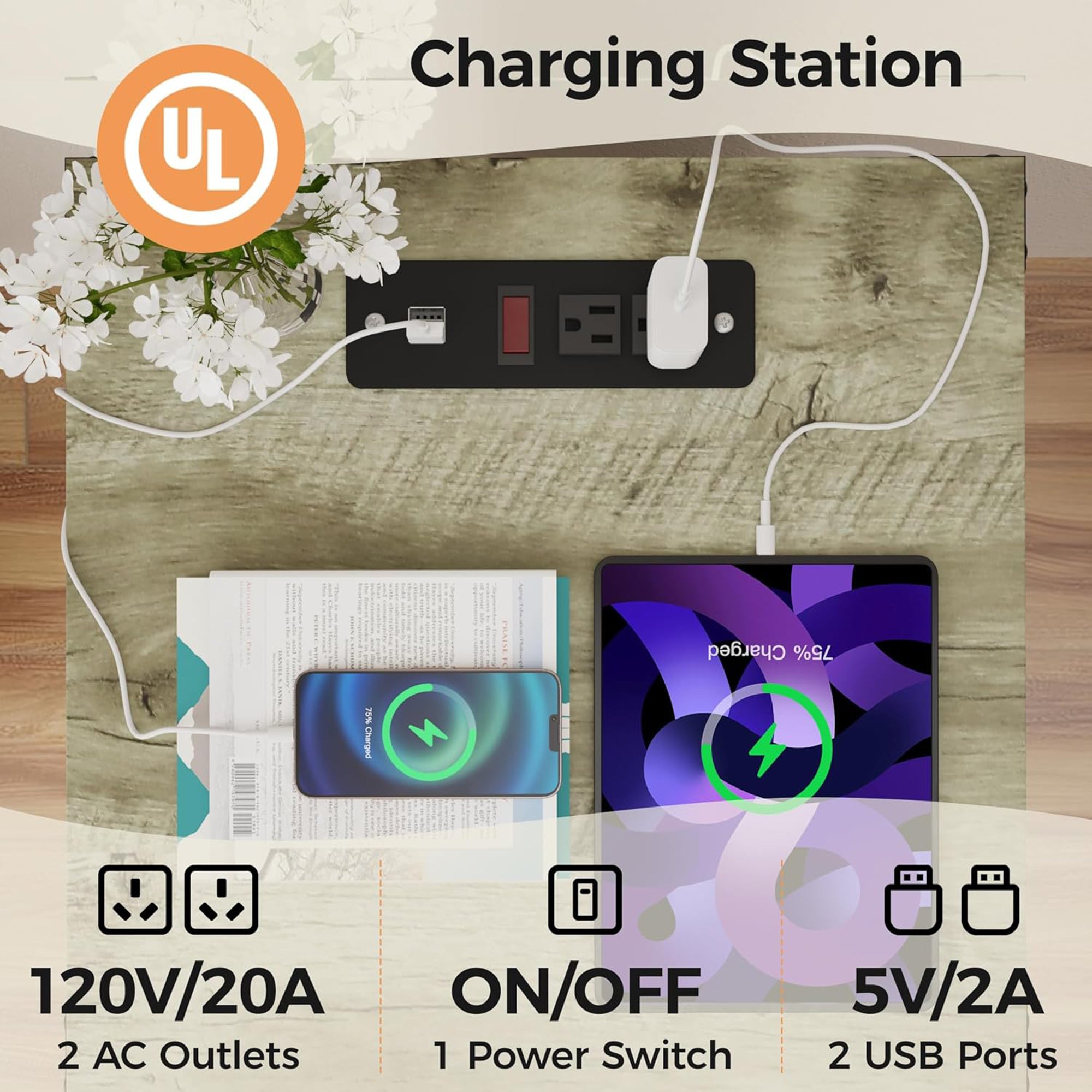 RoyalCraft Farmhouse Nightstand with Charging Station, Set of 2, Grey (Open Box) - VMInnovations