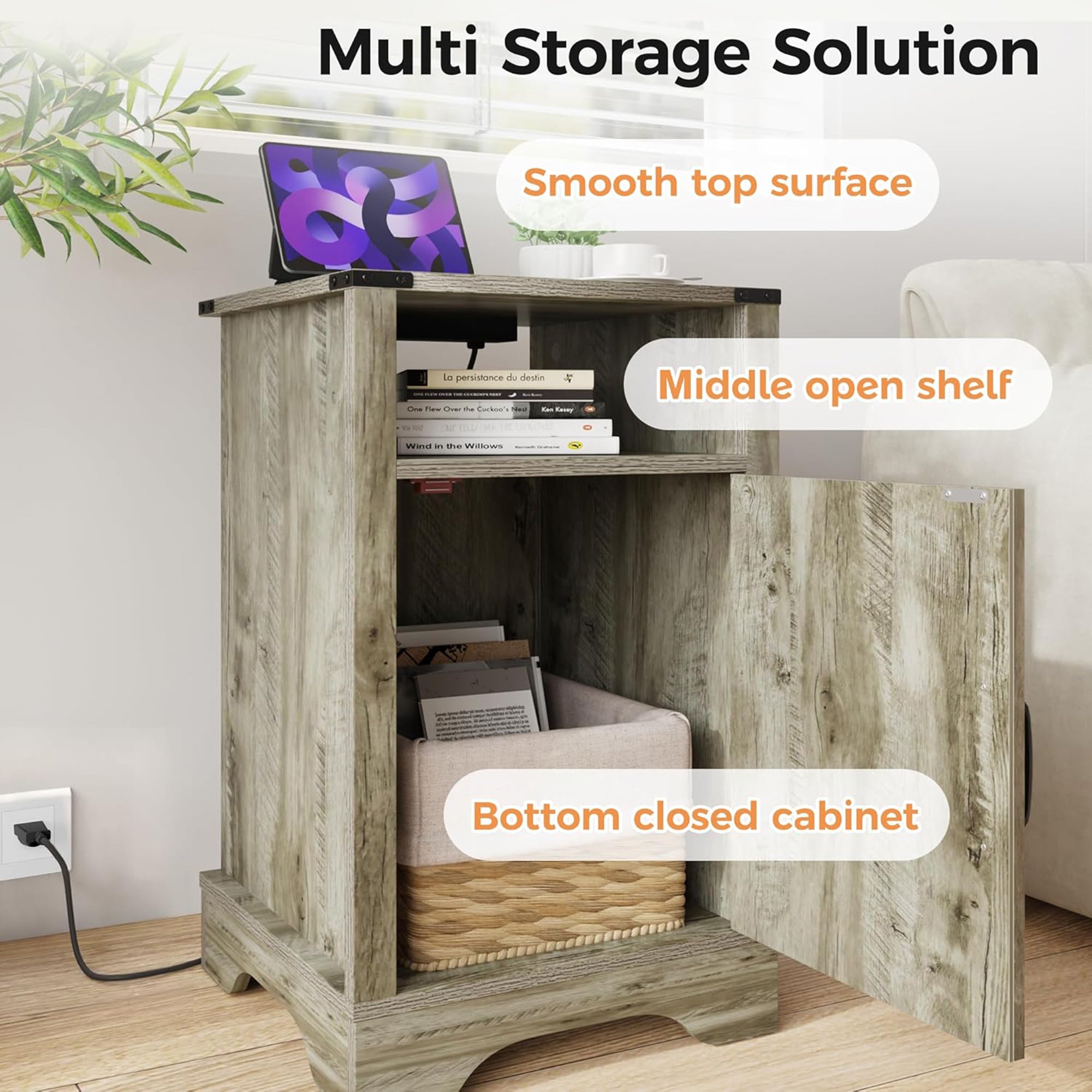 RoyalCraft Farmhouse Nightstand with Charging Station, Set of 2, Light Grey