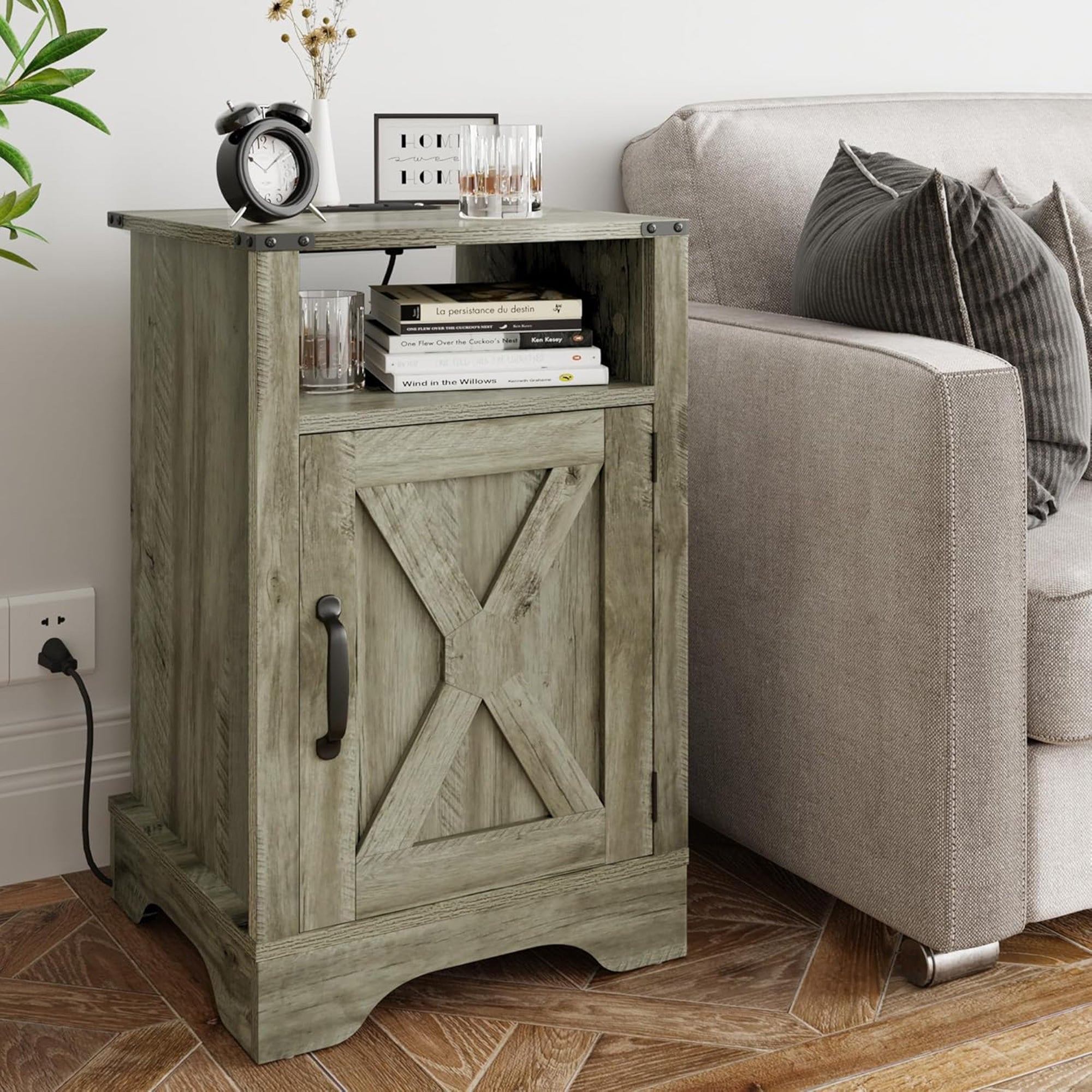 RoyalCraft Farmhouse Nightstand with Charging Station, Set of 2, Grey (Open Box) - VMInnovations