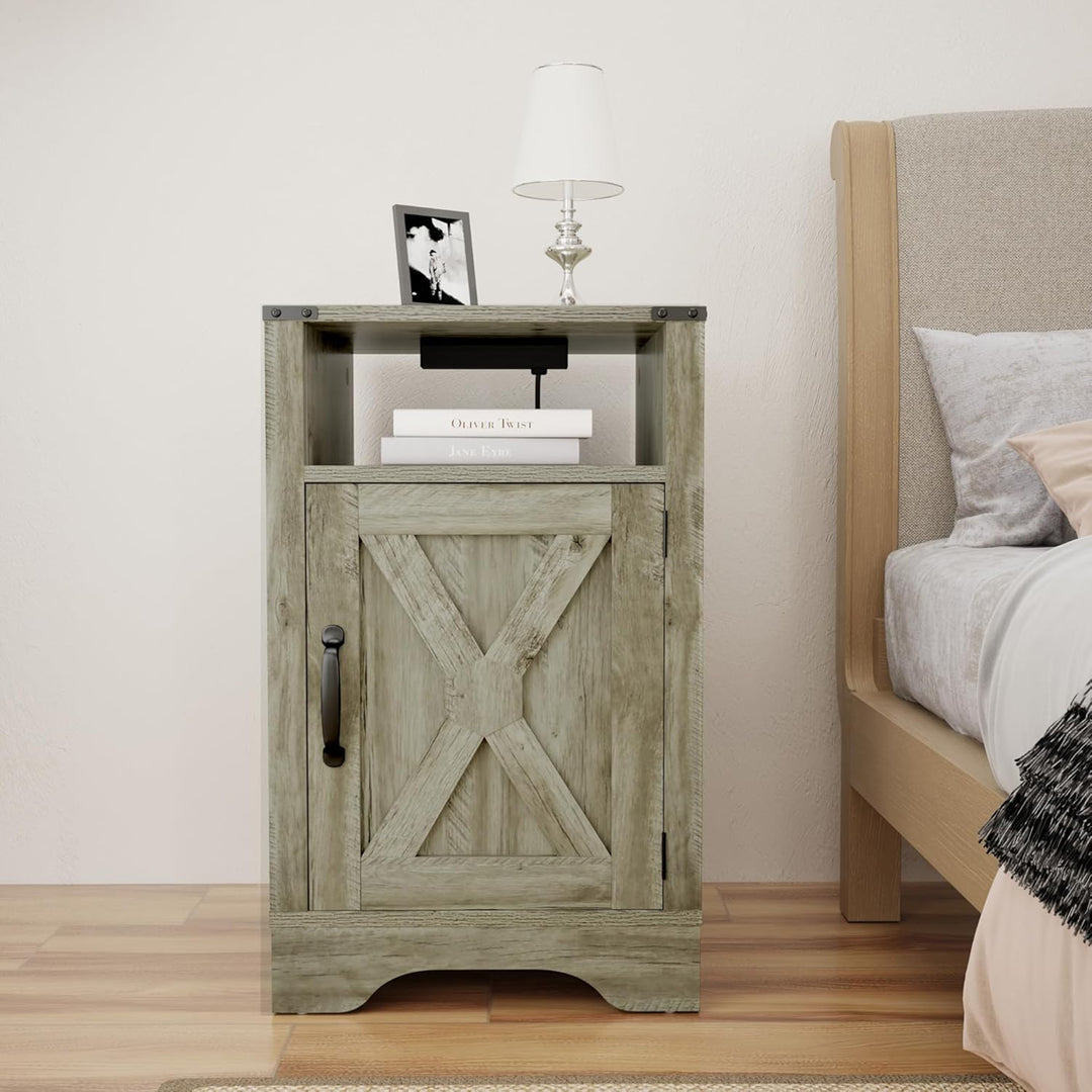 RoyalCraft Farmhouse Nightstand with Charging Station, Set of 2, Grey (Open Box) - VMInnovations
