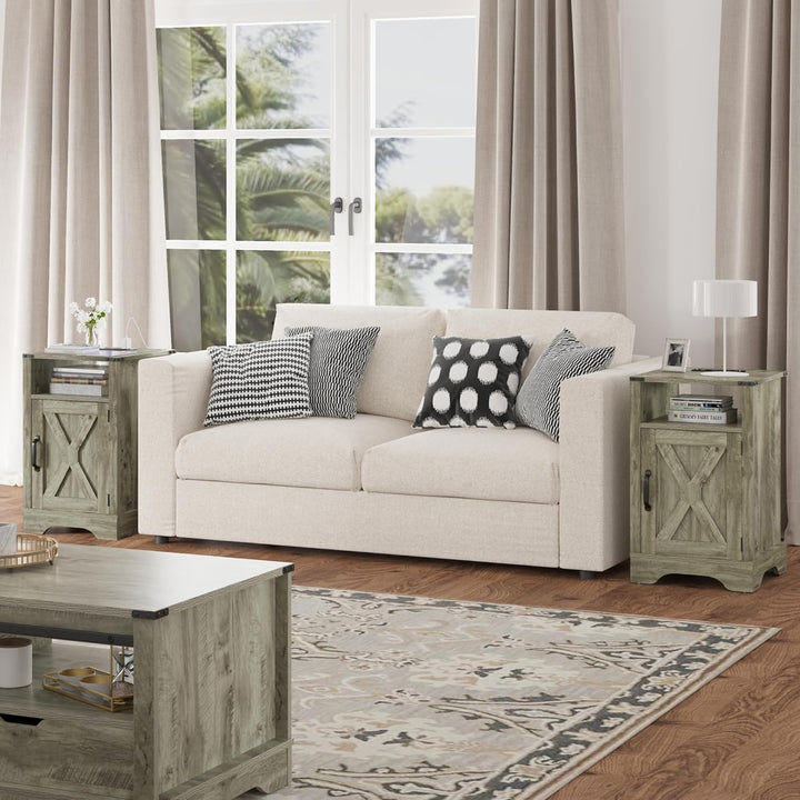 RoyalCraft Farmhouse Nightstand with Charging Station, Set of 2, Grey (Open Box)