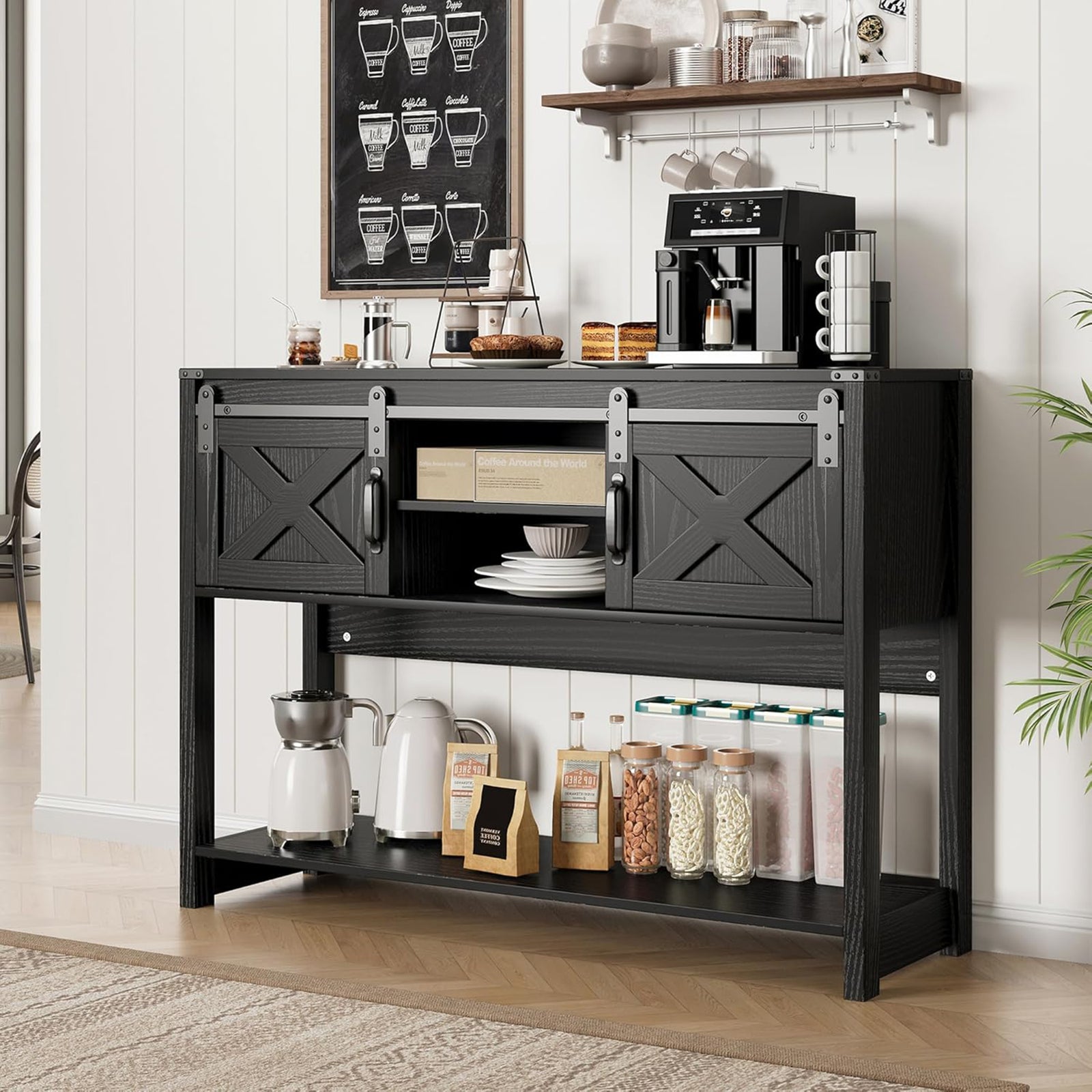 RoyalCraft Farmhouse Entryway Console Wooden Table with Storage Shelves, Black - VMInnovations