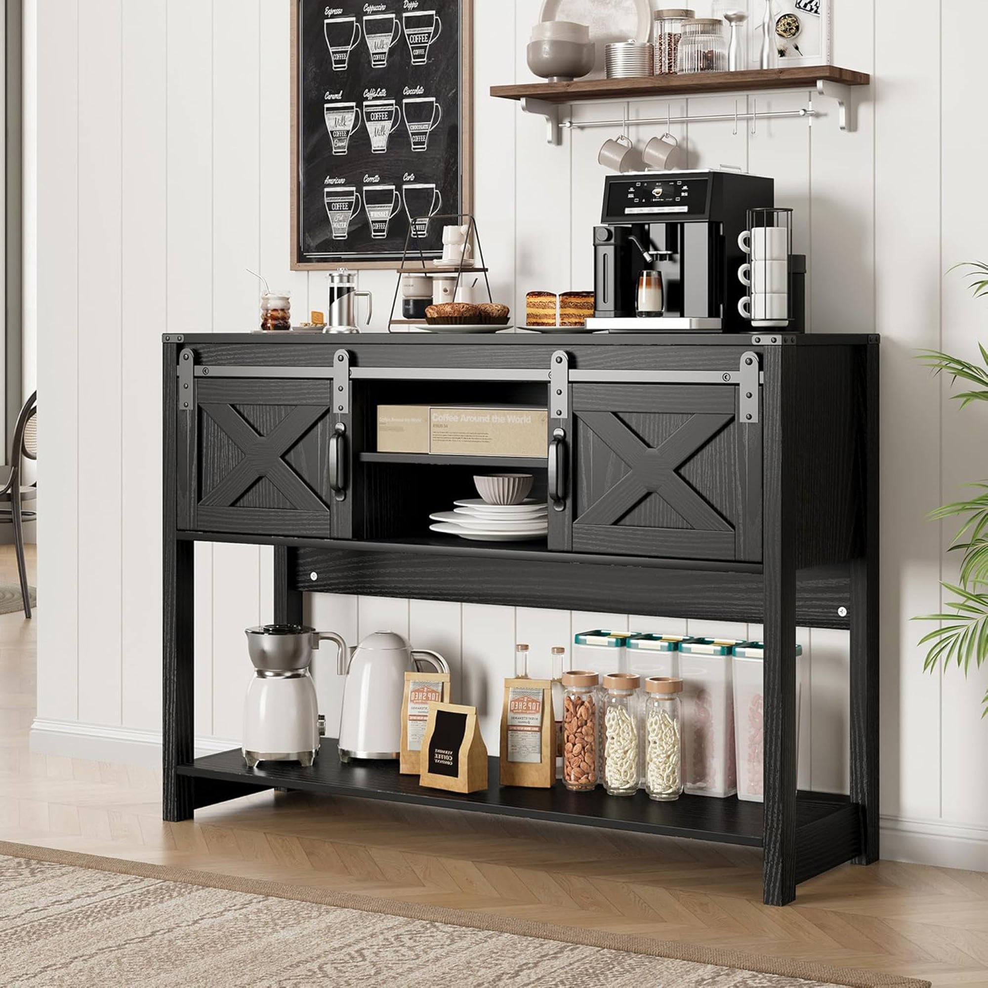 RoyalCraft Farmhouse Entryway Console Wooden Table with Storage Shelves, Black - VMInnovations