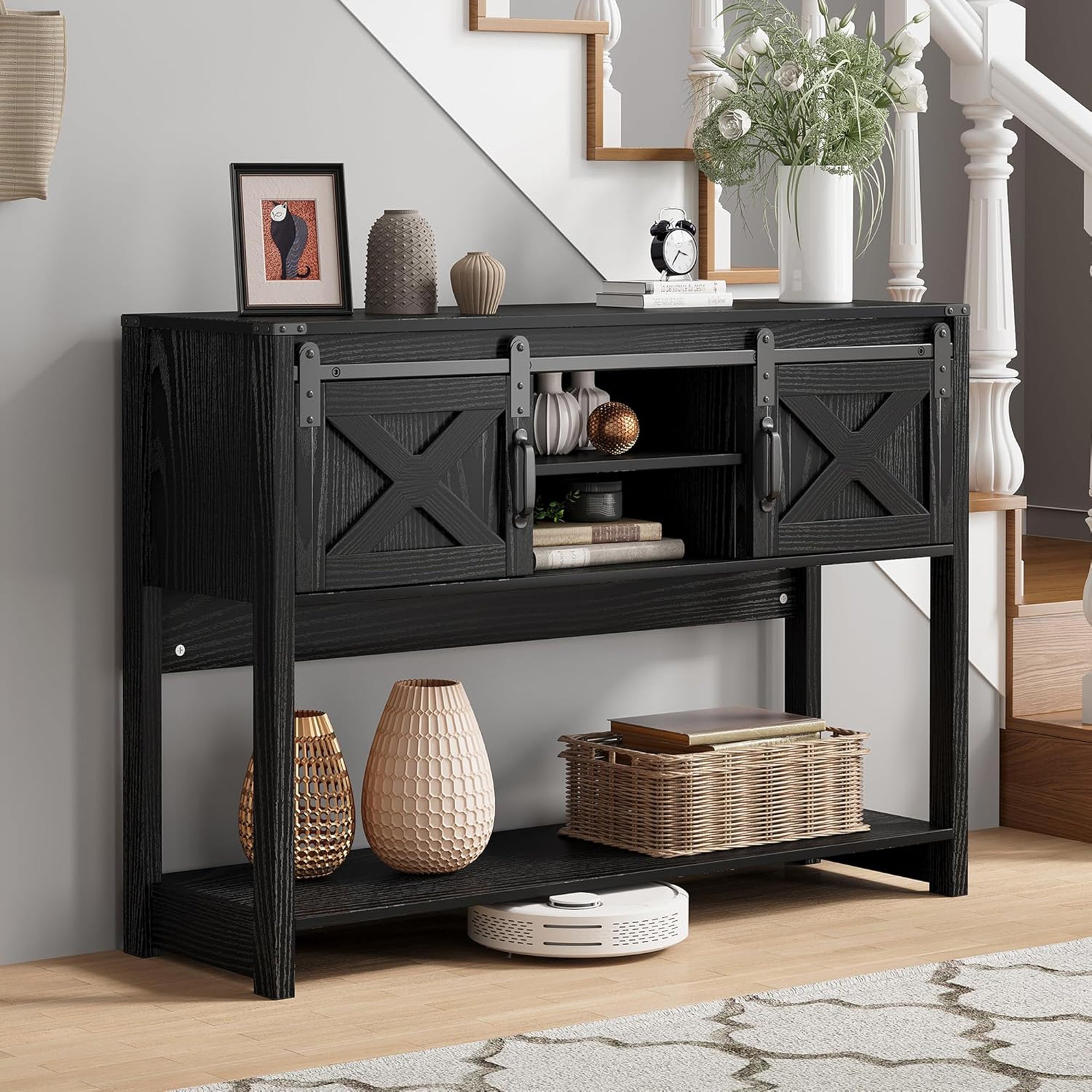 RoyalCraft Farmhouse Entryway Console Wooden Table with Storage Shelves, Black - VMInnovations