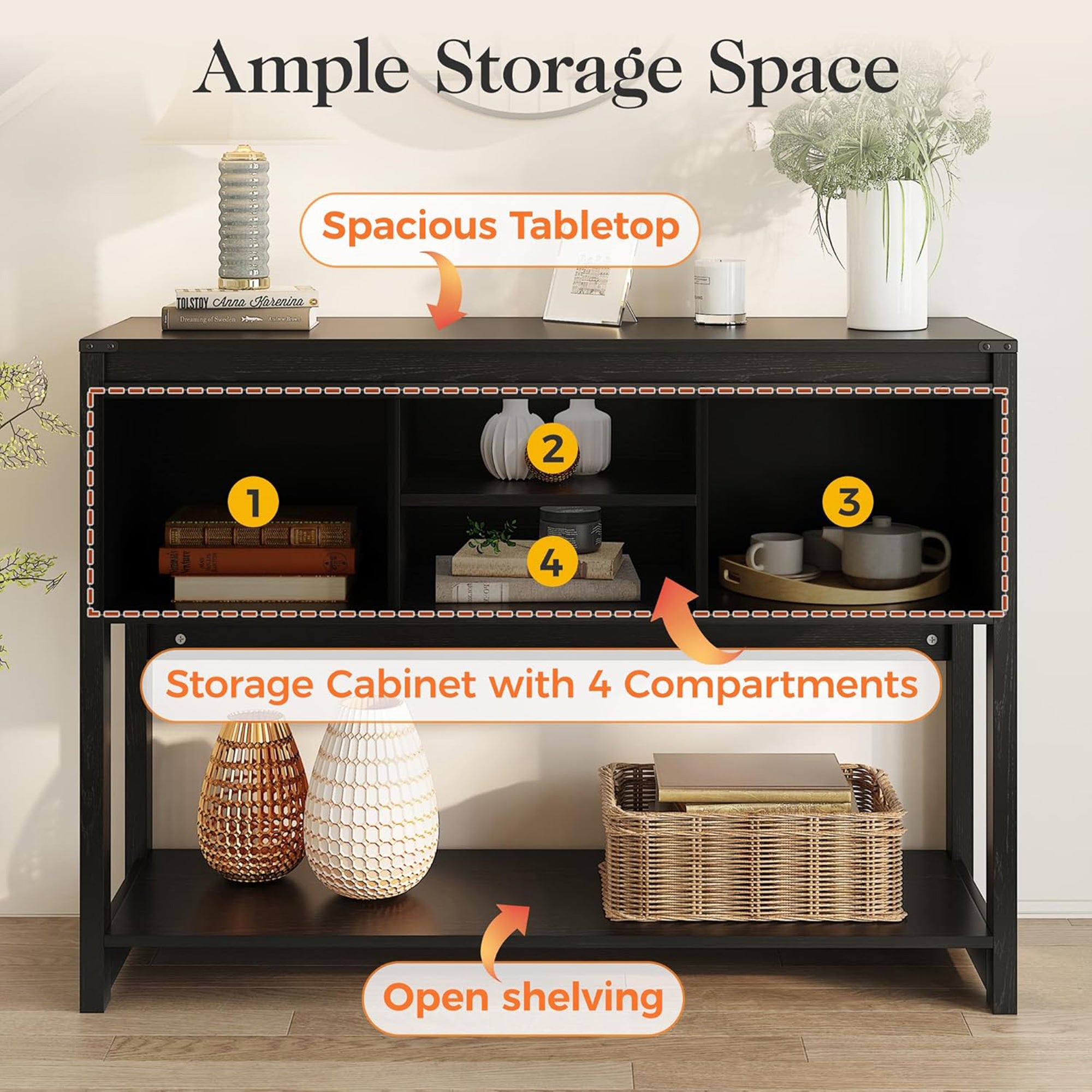 RoyalCraft Farmhouse Entryway Console Wooden Table with Storage Shelves, Black - VMInnovations