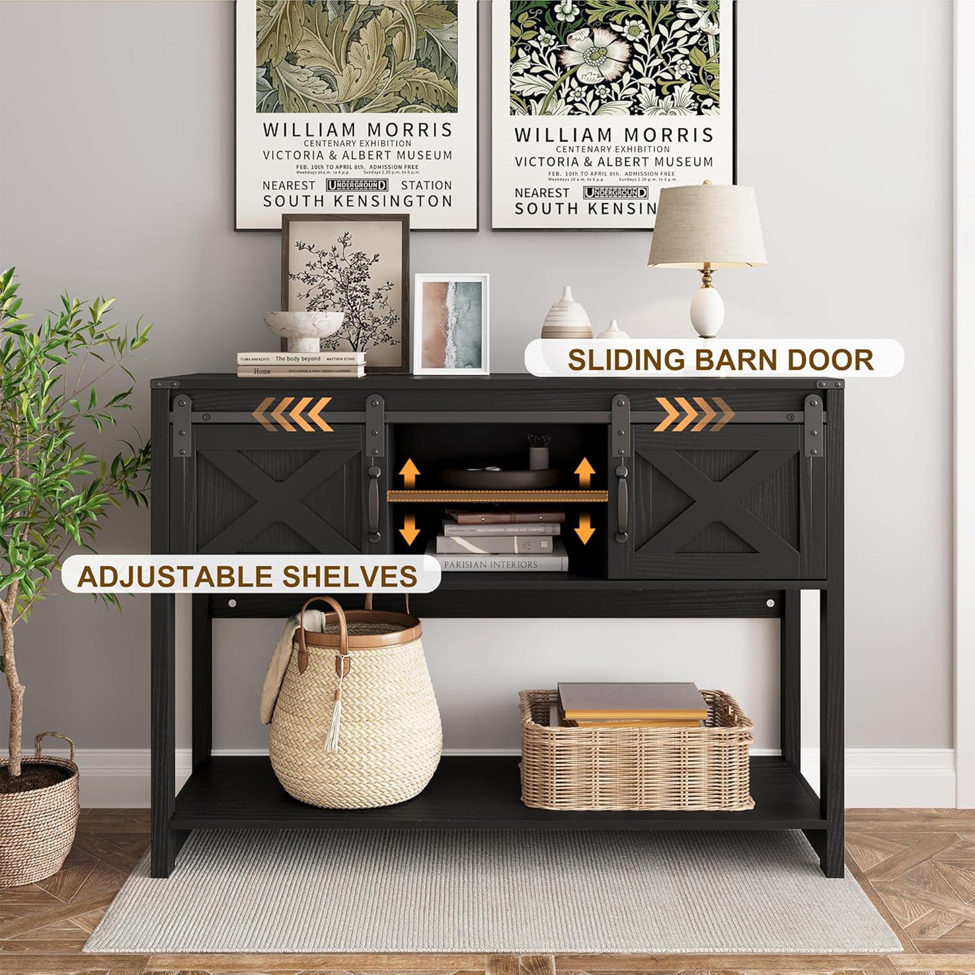 RoyalCraft Farmhouse Entryway Console Wooden Table with Storage Shelves, Black - VMInnovations