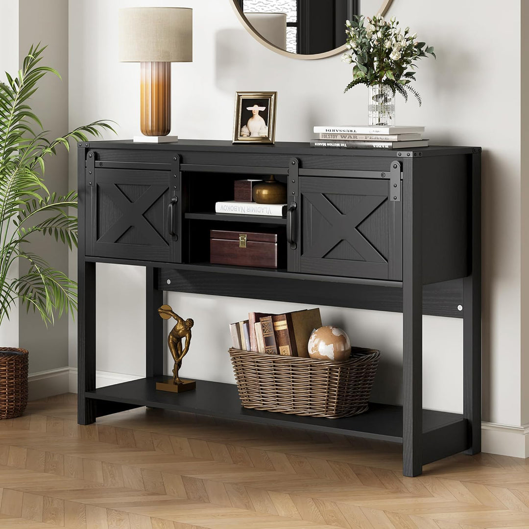 RoyalCraft Farmhouse Entryway Console Wooden Table with Storage Shelves, Black