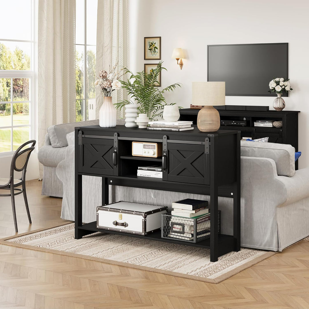 RoyalCraft Farmhouse Entryway Console Wooden Table with Storage Shelves, Black