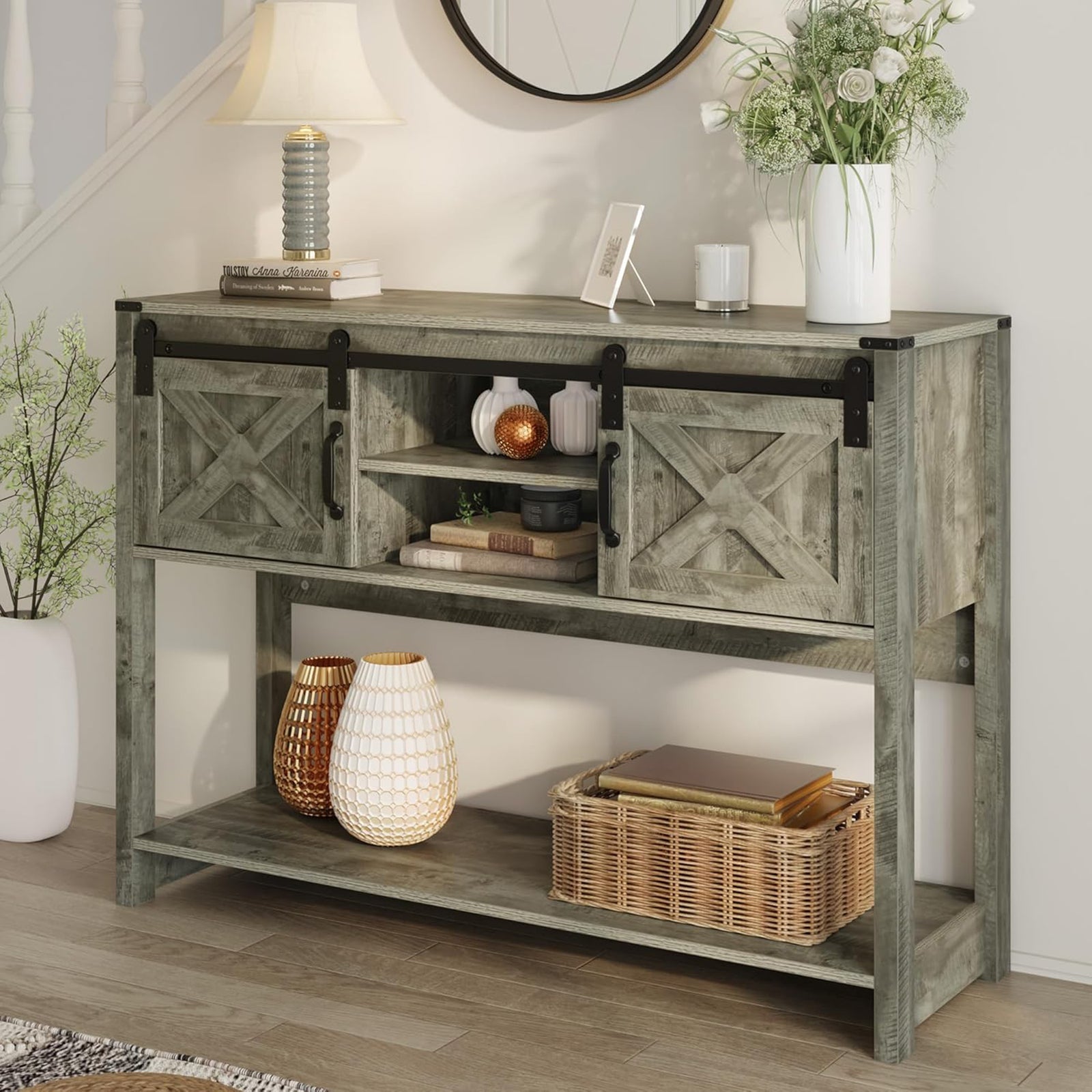 RoyalCraft Farmhouse Entryway Console Table with Storage Shelves, Light Grey - VMInnovations