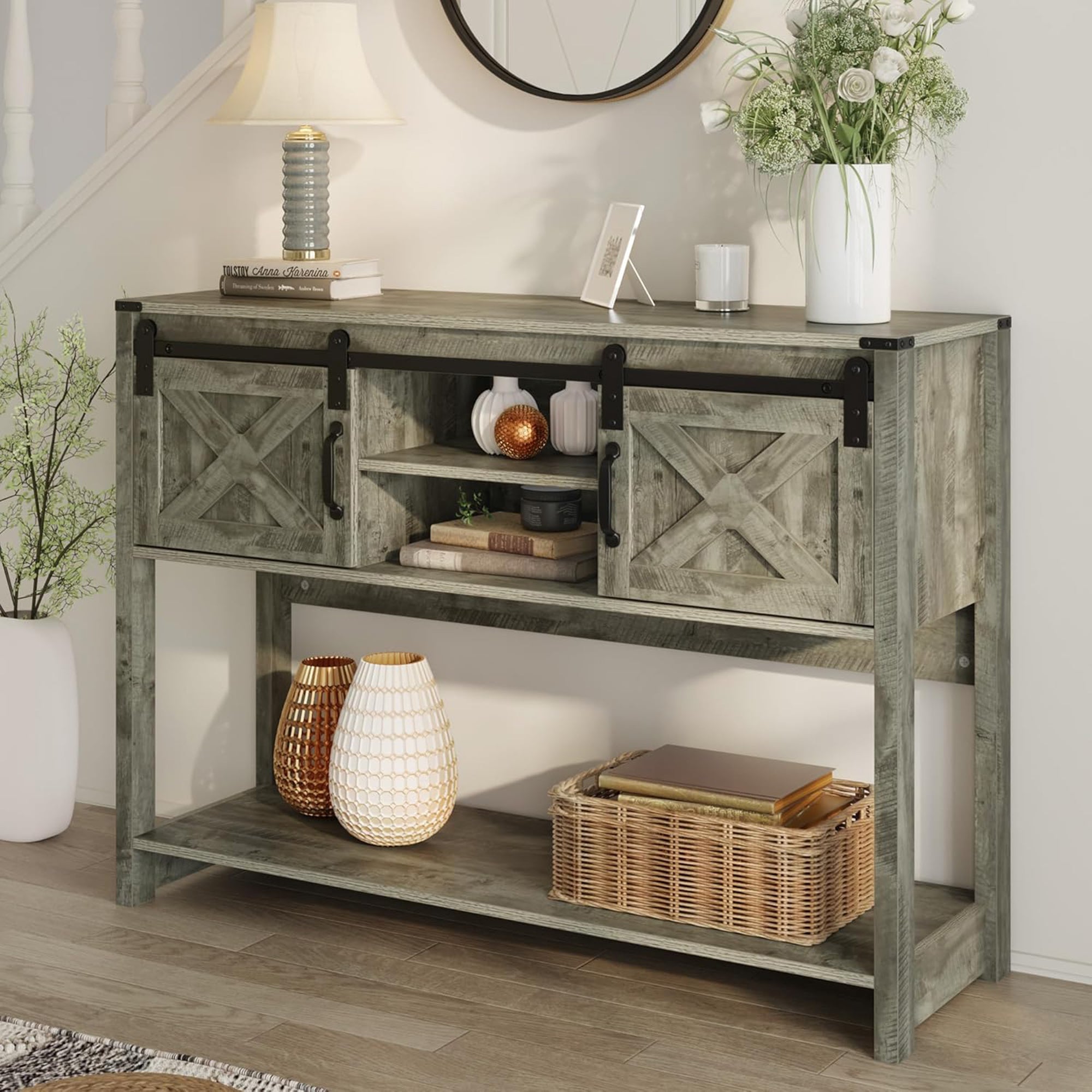 RoyalCraft Farmhouse Entryway Console Table with Storage Shelves, Light Grey - VMInnovations
