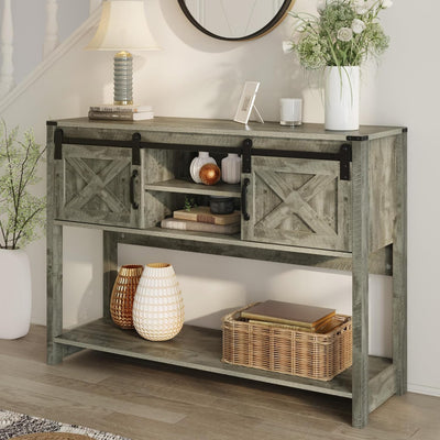 RoyalCraft Farmhouse Entryway Console Table with Storage Shelves, Light Grey - VMInnovations