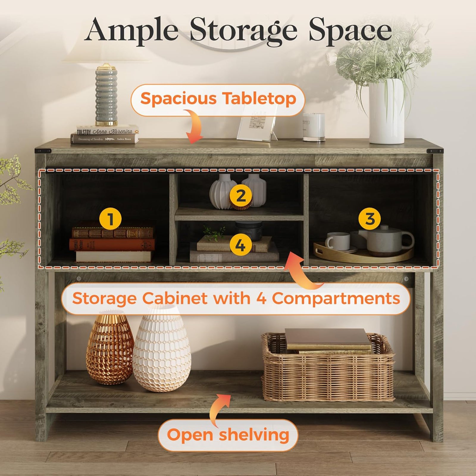 RoyalCraft Farmhouse Entryway Console Table with Storage Shelves, Light Grey - VMInnovations