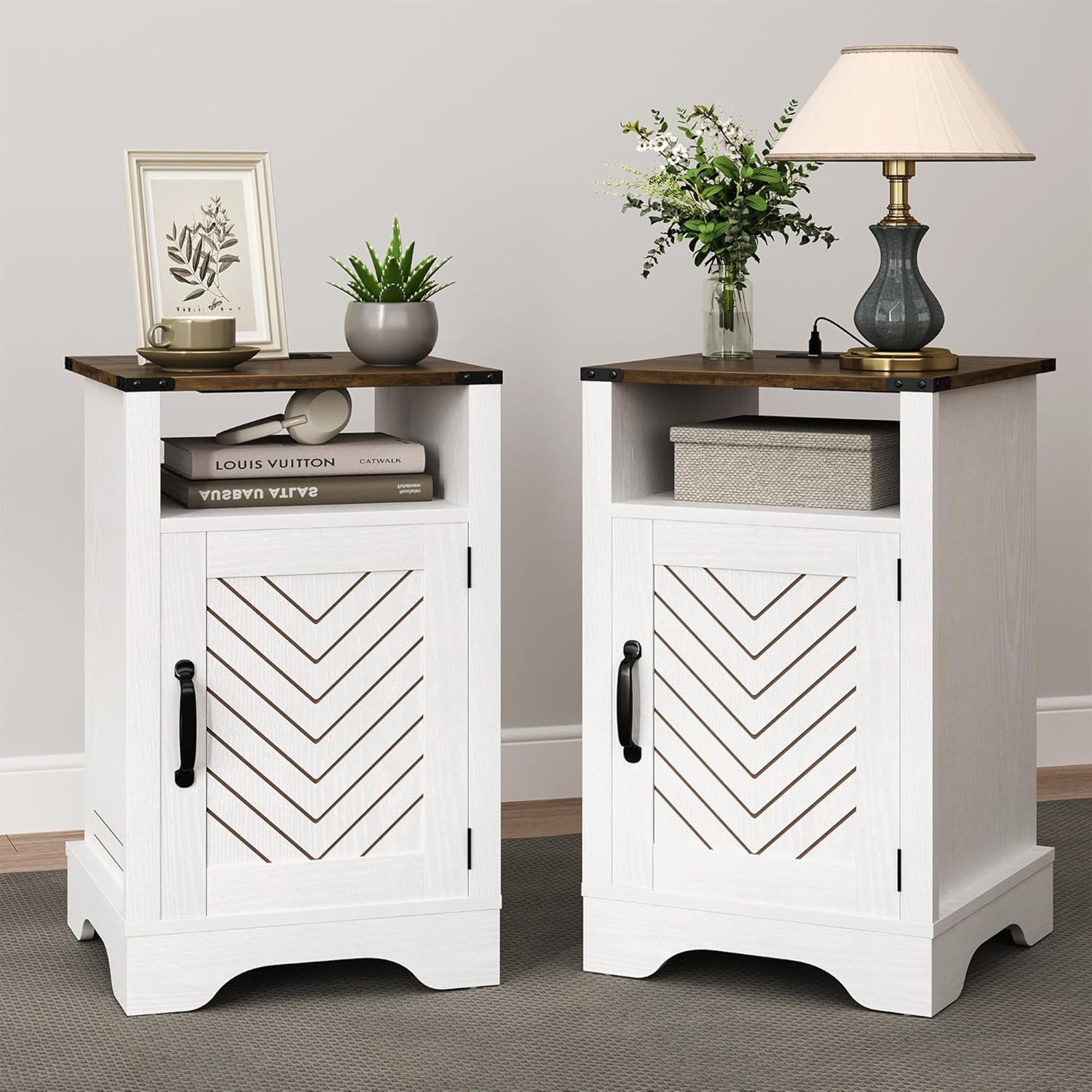 RoyalCraft Farmhouse Nightstand w/ Charging Station Set of 2 White&Oak(Open Box) - VMInnovations