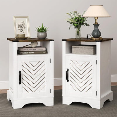 RoyalCraft Farmhouse Nightstand w/ Charging Station Set of 2 White&Oak(Open Box) - VMInnovations