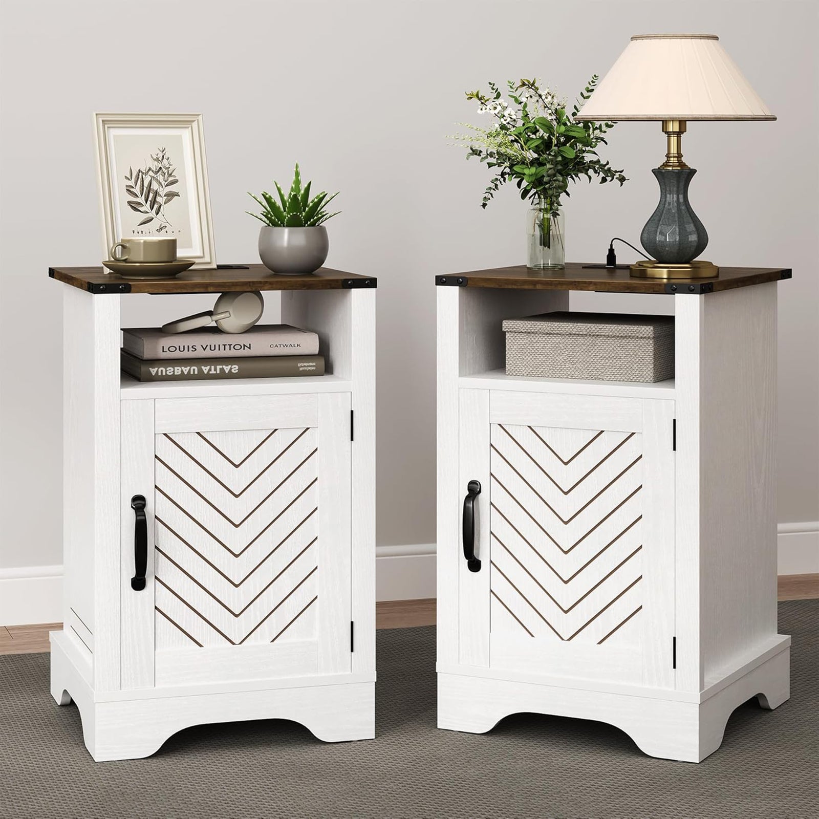 RoyalCraft Farmhouse Nightstand w/ Charging Station Set of 2 White&Oak(Open Box) - VMInnovations