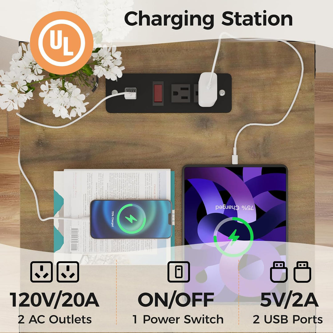 RoyalCraft Farmhouse Nightstand w/ Charging Station Set of 2 White&Oak(Open Box)