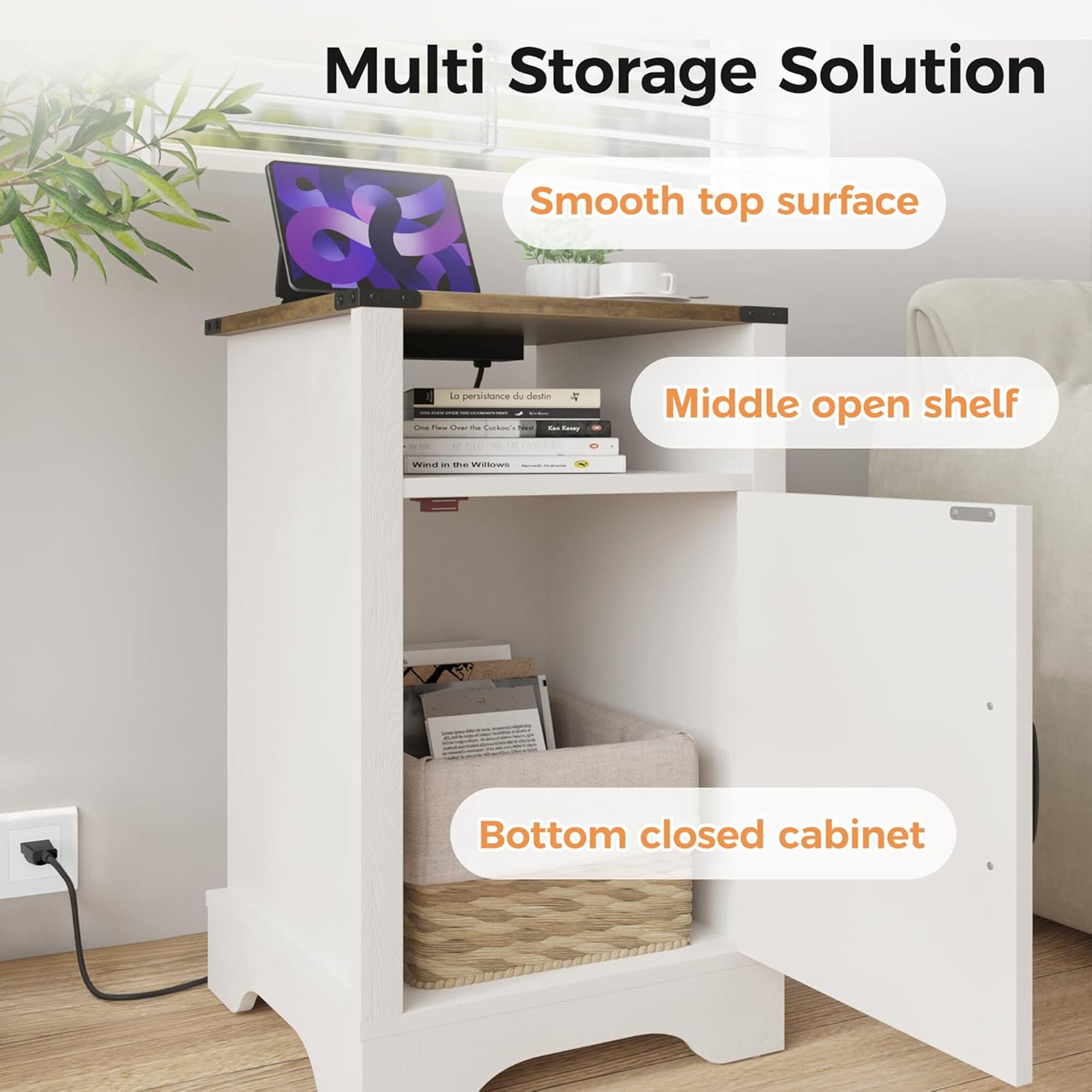 RoyalCraft Farmhouse Nightstand w/ Charging Station Set of 2 White&Oak(Open Box) - VMInnovations