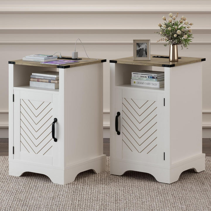 RoyalCraft Farmhouse Nightstand w/ Charging Station Set of 2 White&Oak(Open Box)
