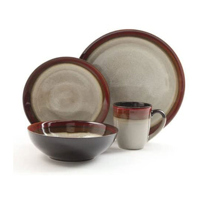 Gibson Couture 16 Piece Reactive Glazed Dinnerware Plates, Bowls, and Mugs, Red - VMInnovations